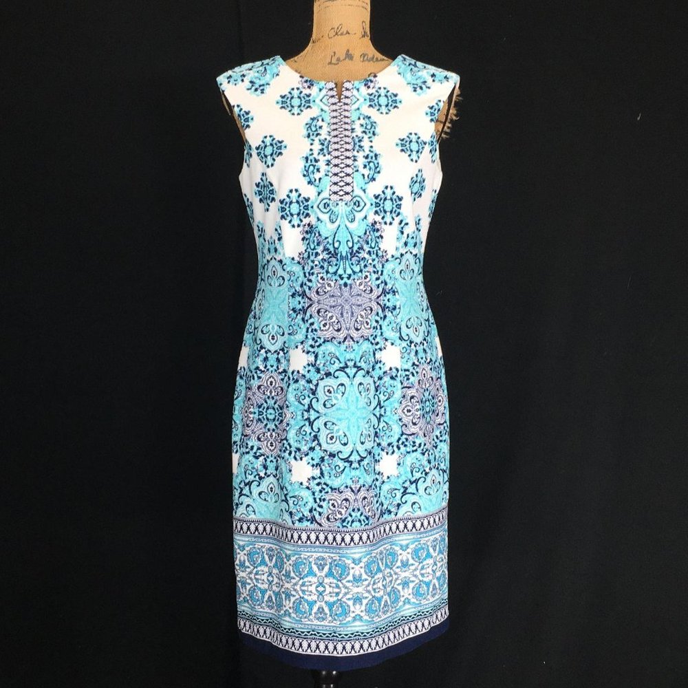 Studio One White and Aqua Printed Sleeveless Sheath Dress